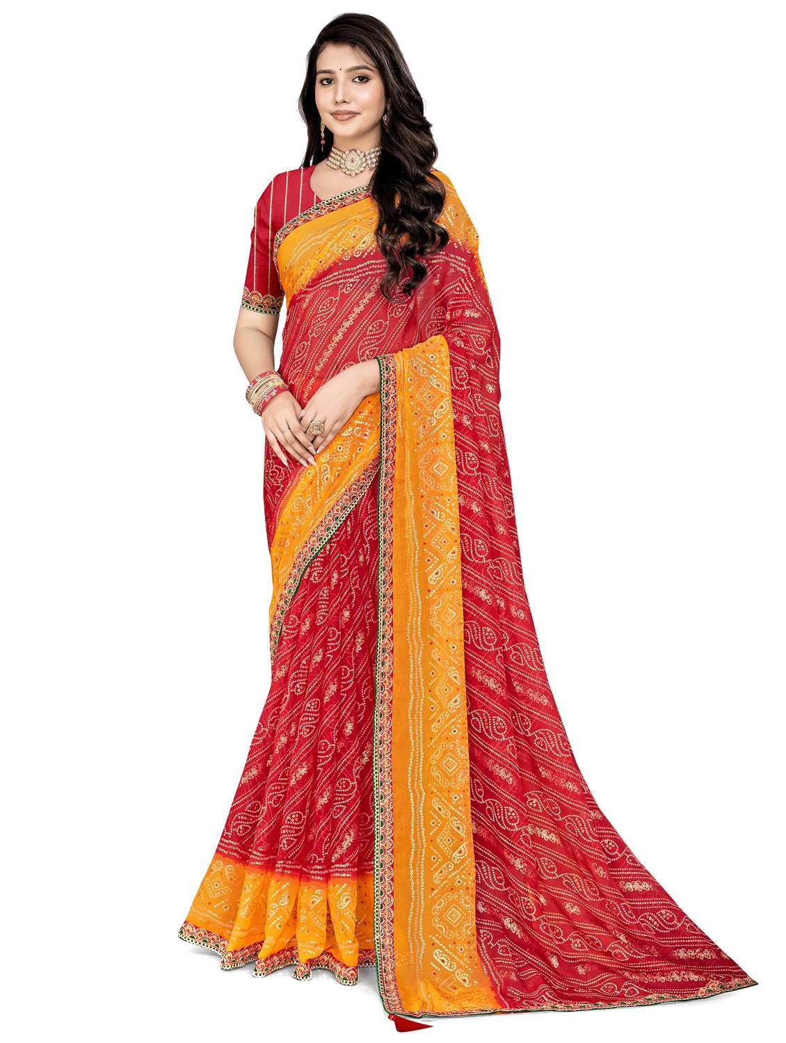 women bandhani printed saree with blouse