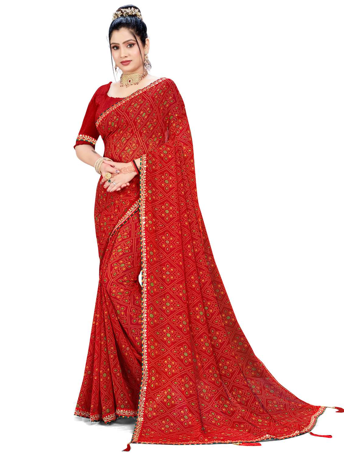 women bandhani printed saree with blouse
