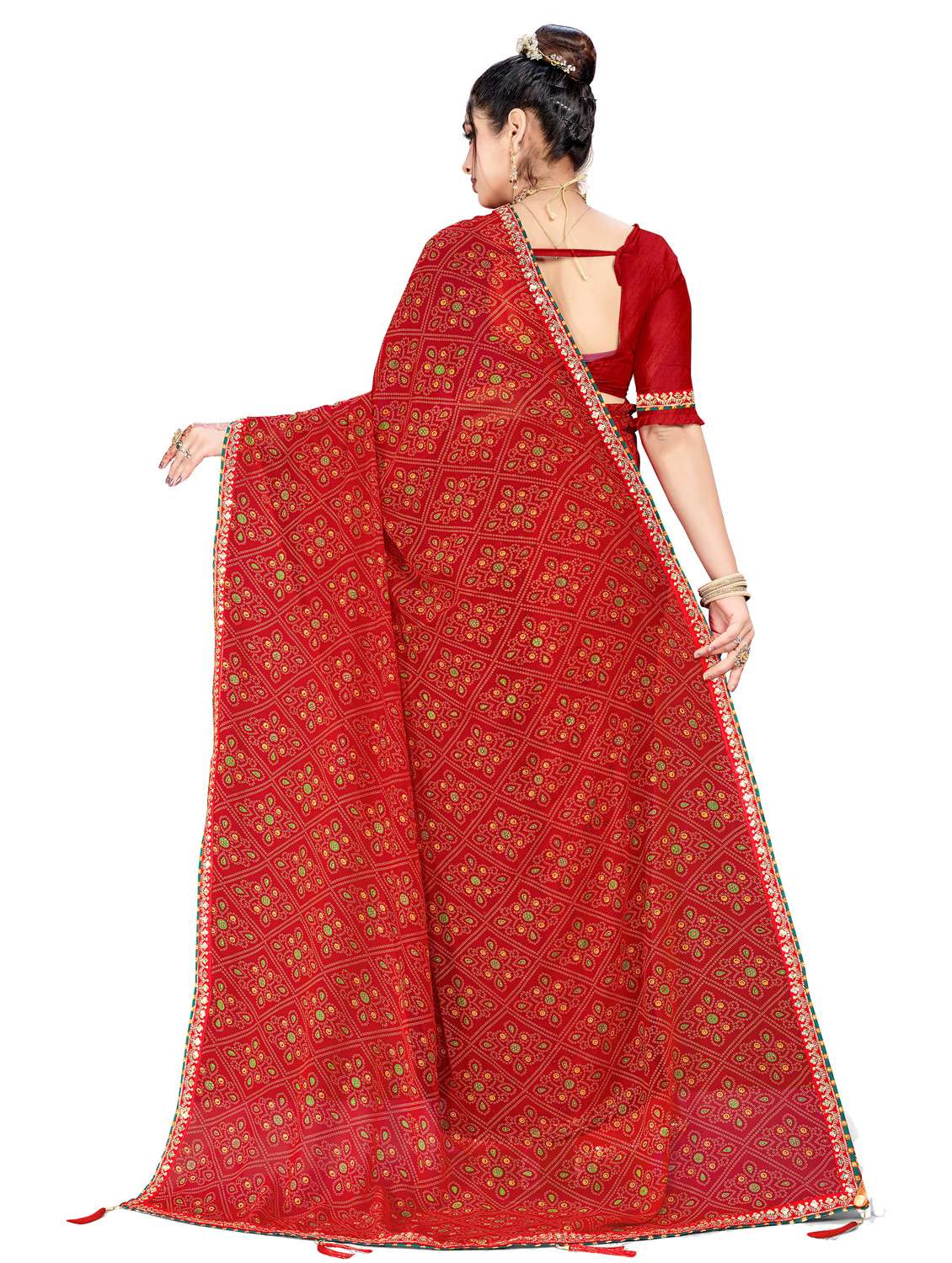 Women Bandhani Printed Saree With Blouse - 22604845 -  Standard Image - 3