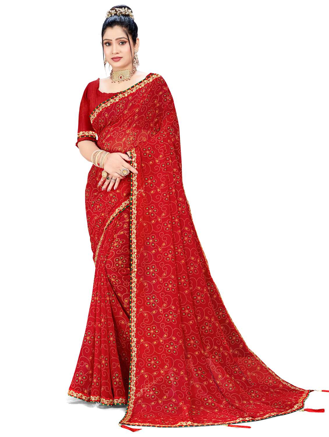women bandhani printed saree with blouse