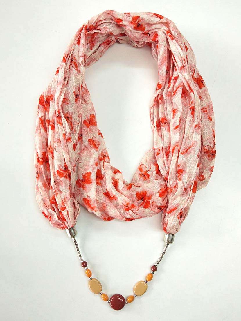 women printed scarf with beaded necklace