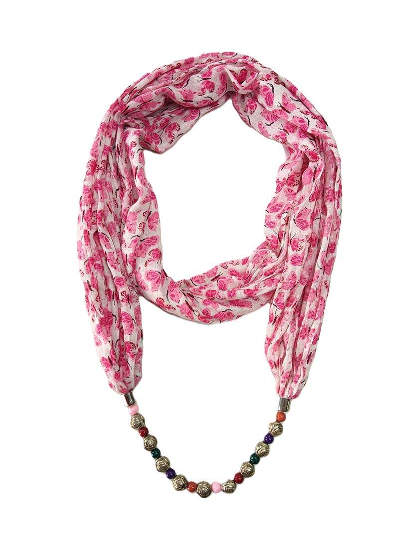 women printed scarf with beaded necklace