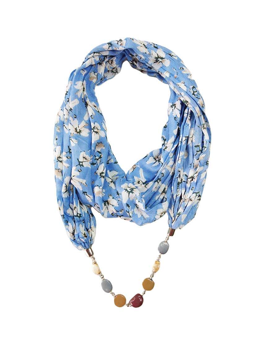 women printed scarf with beaded necklace