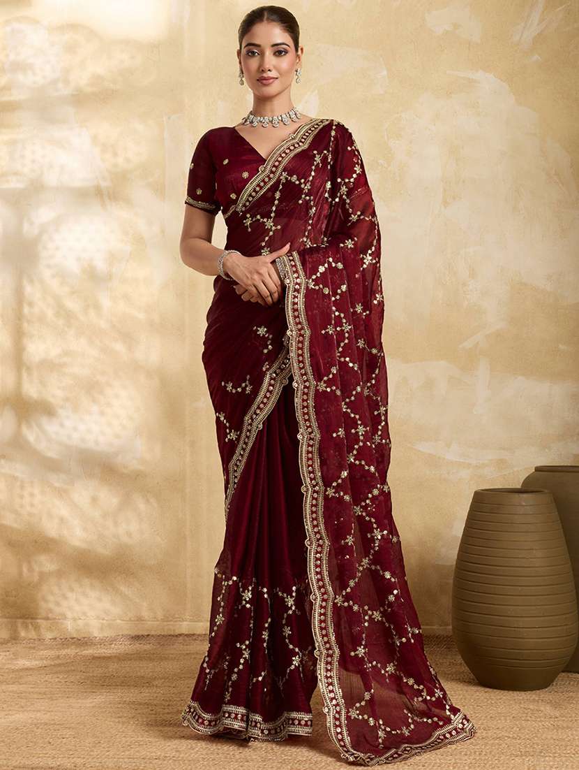 women solid with work embroidered saree with blouse