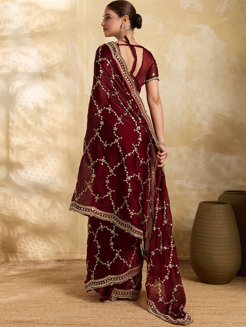 women solid with work embroidered saree with blouse - 22605158 -  Standard Image - 3