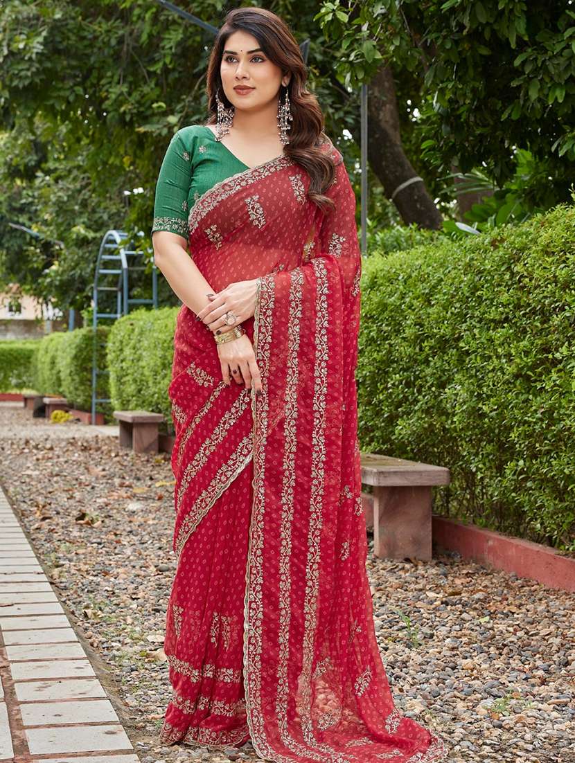women bandhani printed saree with blouse