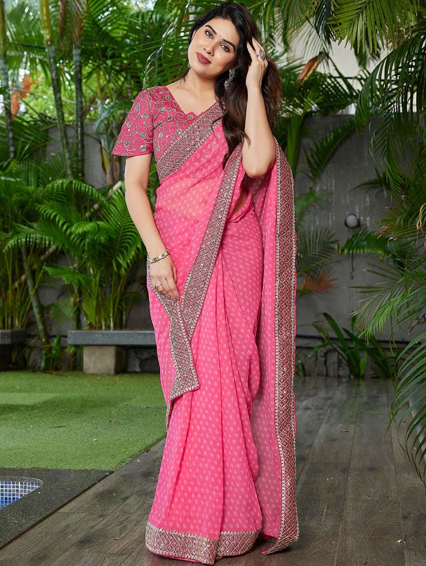 women bandhani printed saree with blouse