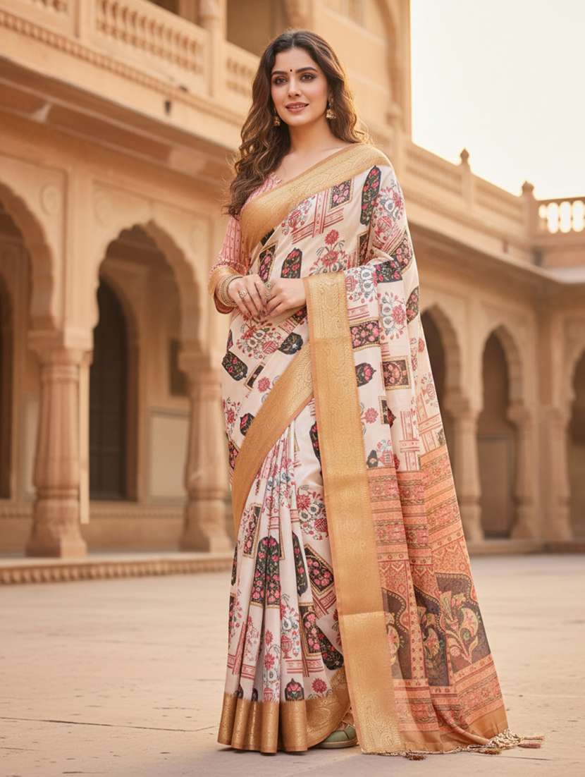 women printed bordered saree with blouse