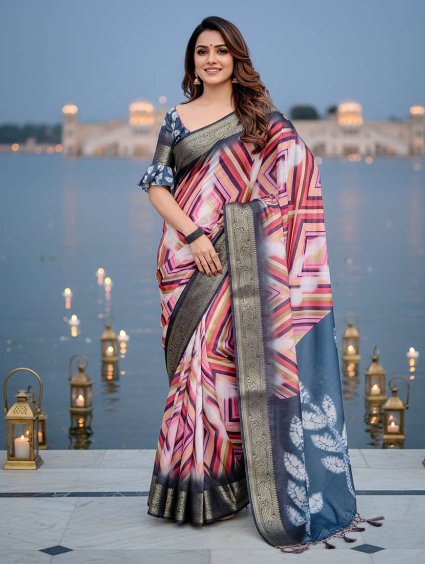 women printed bordered saree with blouse