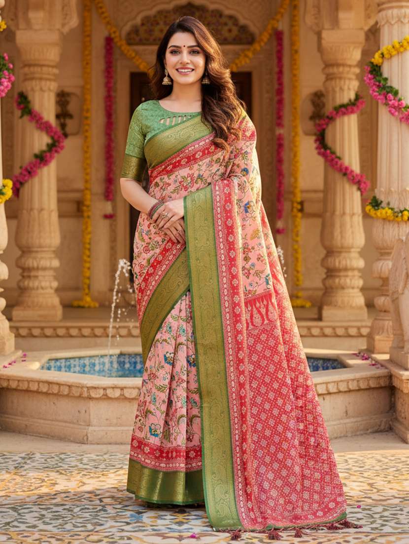 women printed bordered saree with blouse