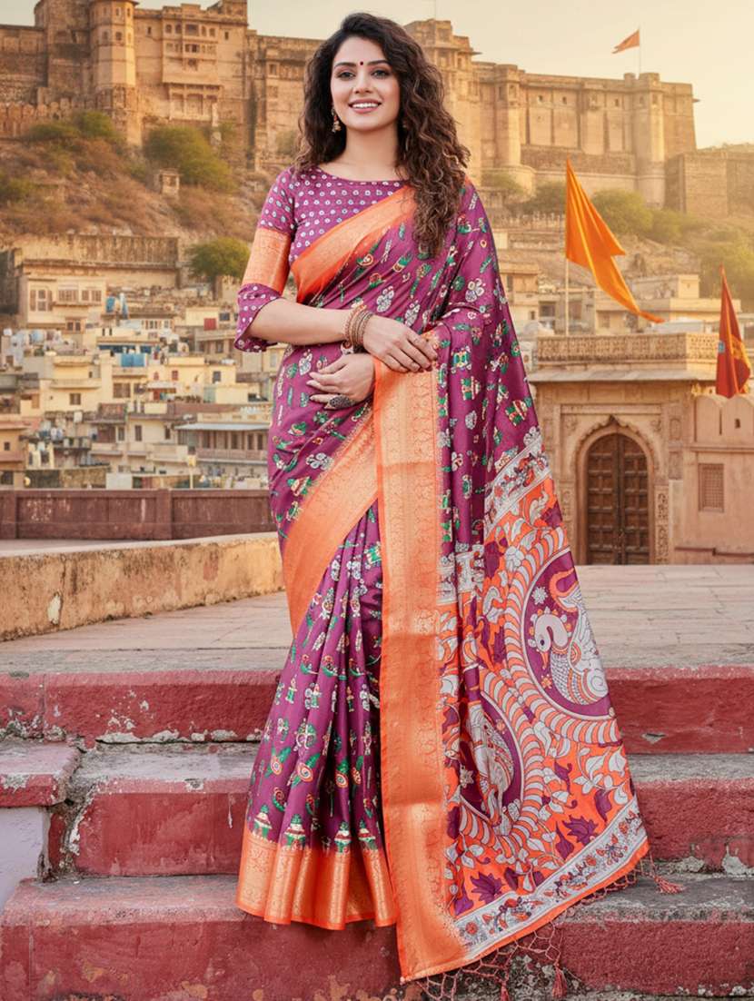 women printed bordered saree with blouse