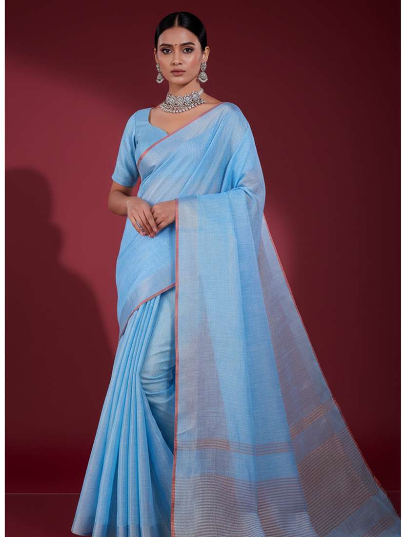 women solid with bordered handloom saree with blouse