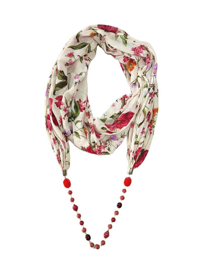 women printed scarf with beads necklace
