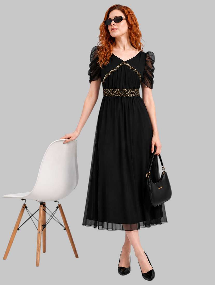 women embellished puff sleeves fit and flare dress