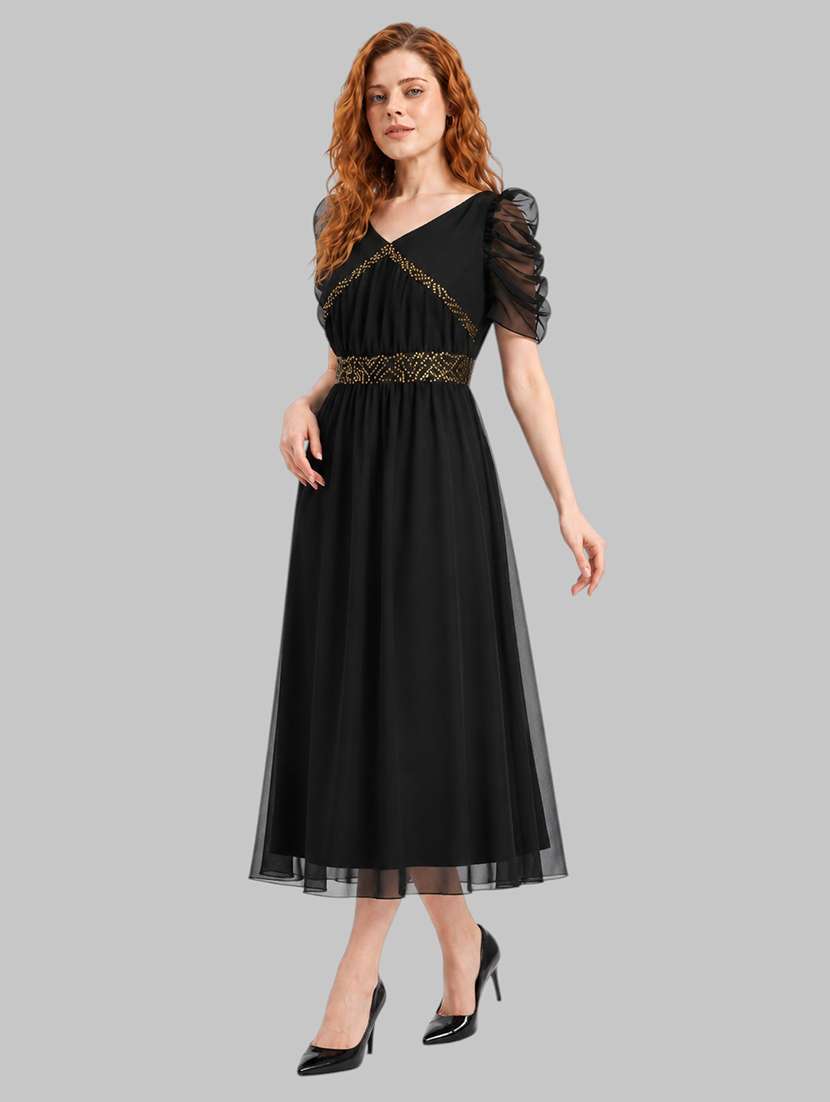 women embellished puff sleeves fit and flare dress - 22606015 -  Standard Image - 3