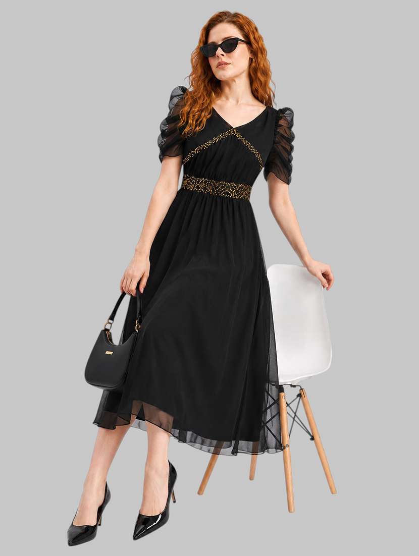women embellished puff sleeves fit and flare dress - 22606015 -  Standard Image - 5