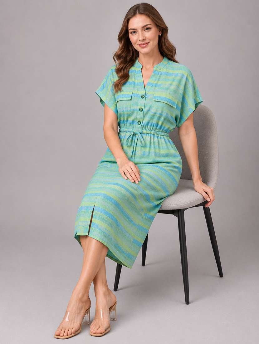 women printed short sleeves a-line dress