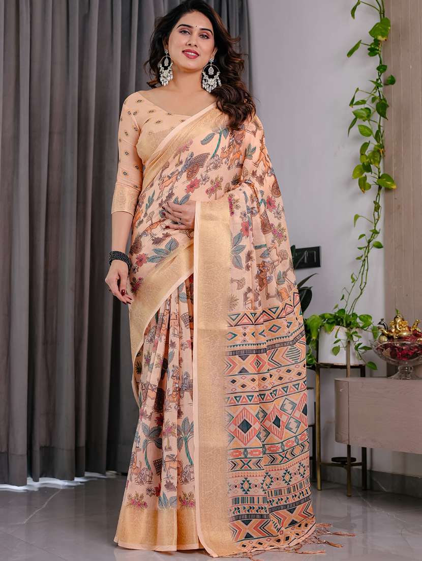 women printed bordered saree with blouse