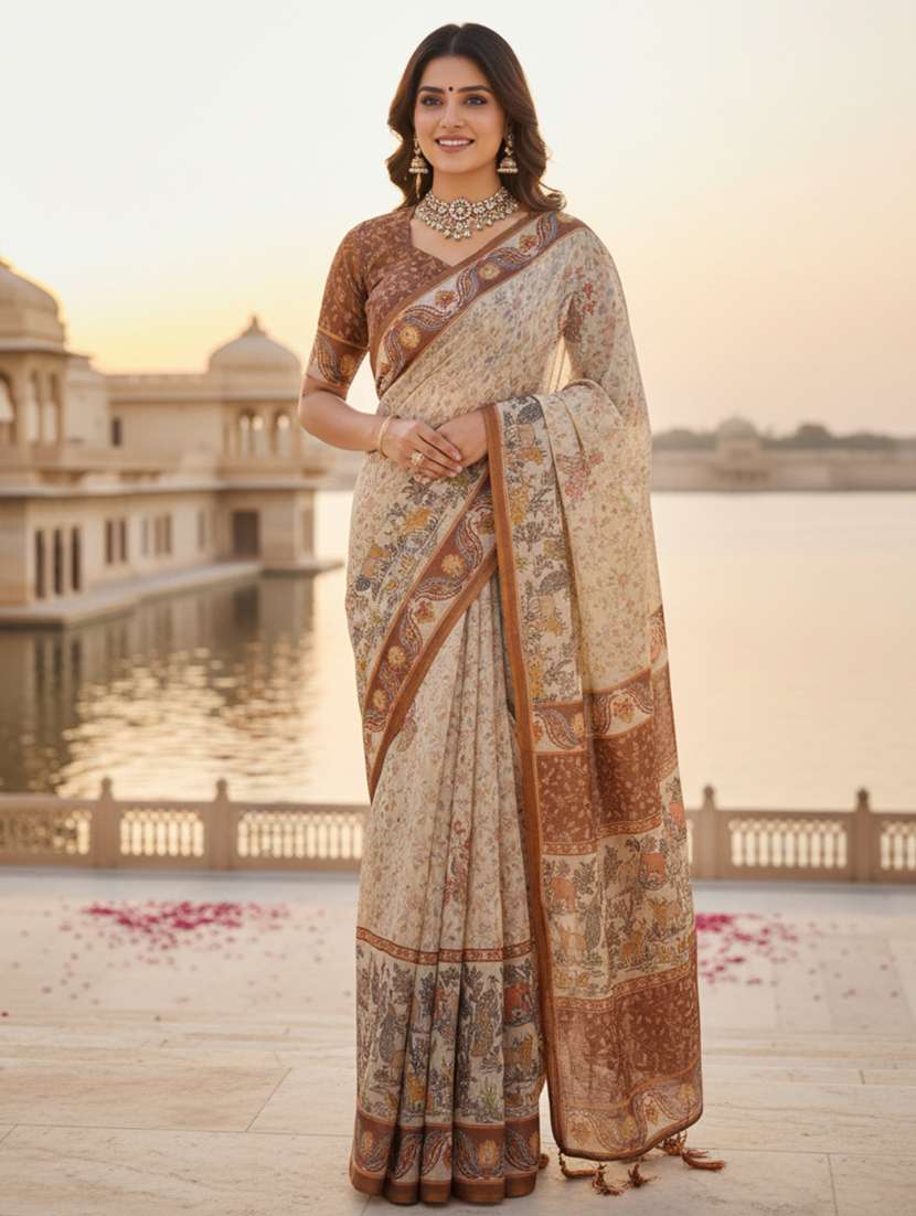 women printed casual wear saree with blouse