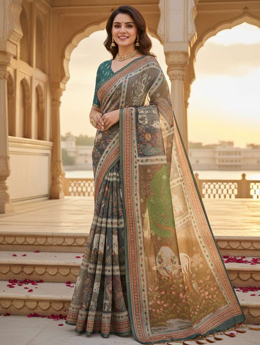 women printed casual wear saree with blouse