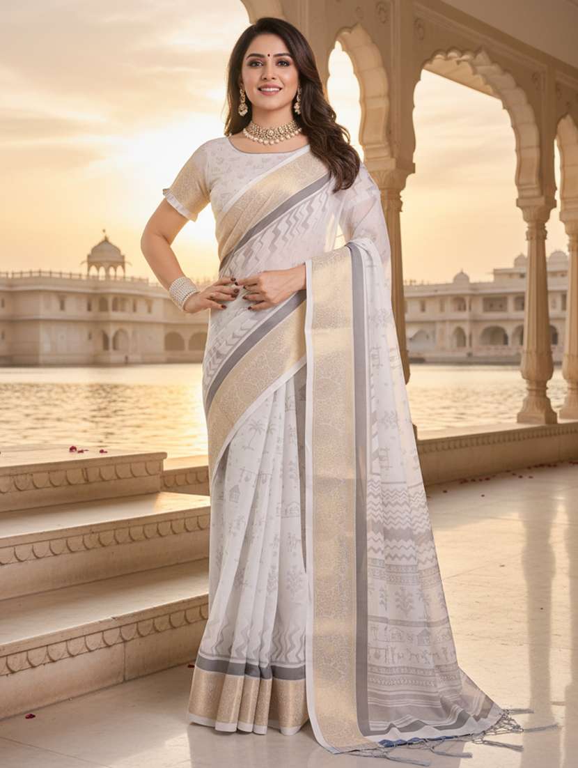women printed bordered saree with blouse