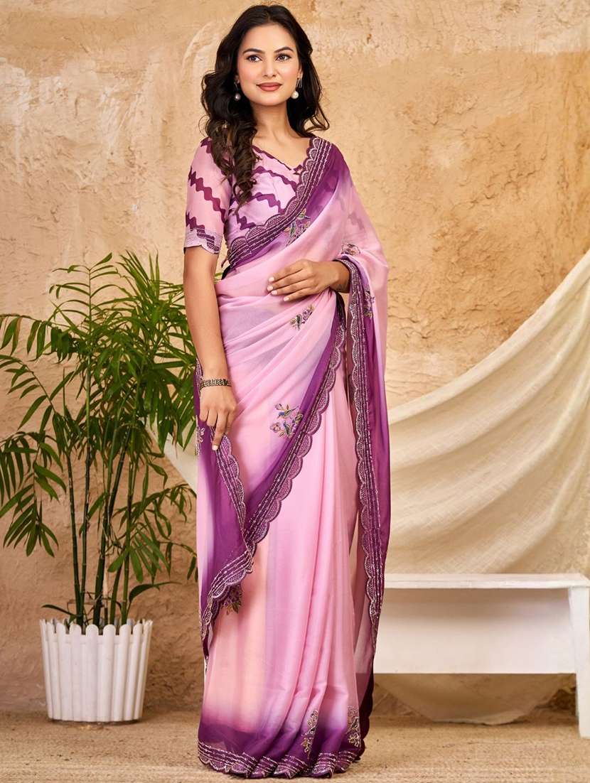 women ombre embellished bordered saree with blouse - 22606367 -  Standard Image - 5