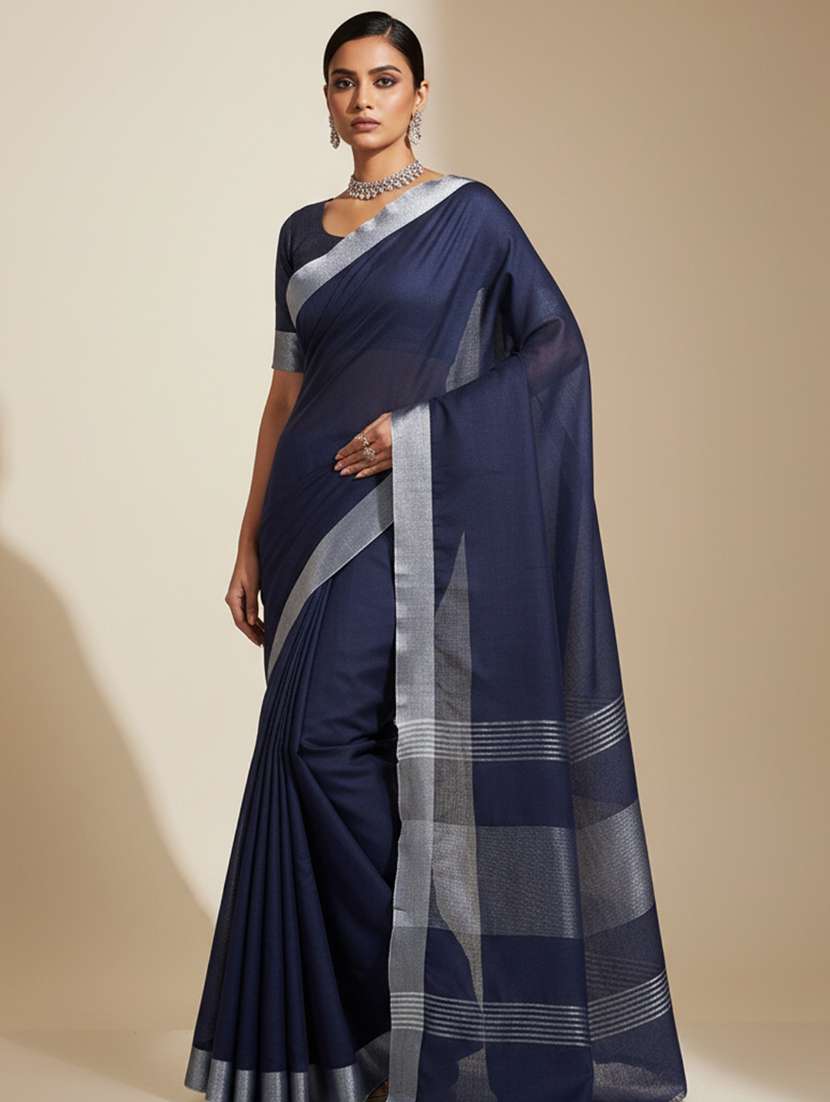 women solid with bordered handloom saree with blouse