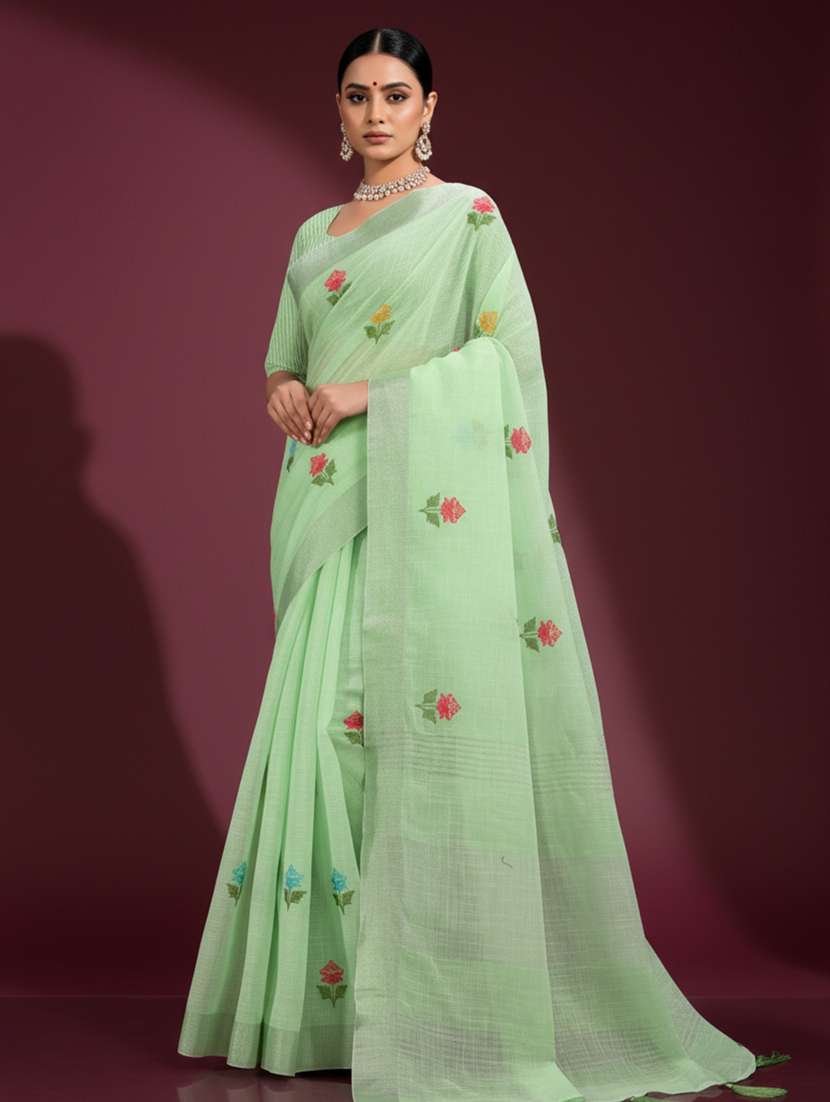 women solid with work embroidered saree  with blouse