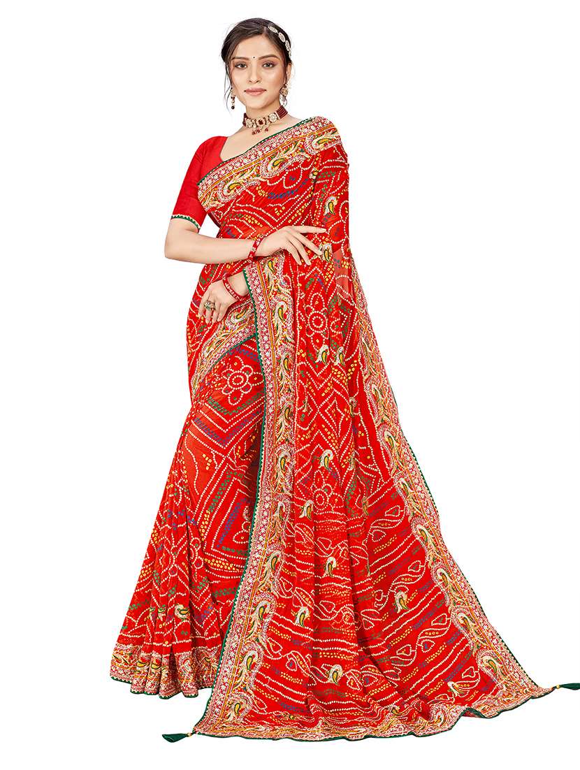 women bandhani printed saree with blouse