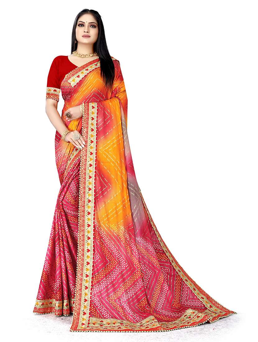 women bandhani printed saree with blouse