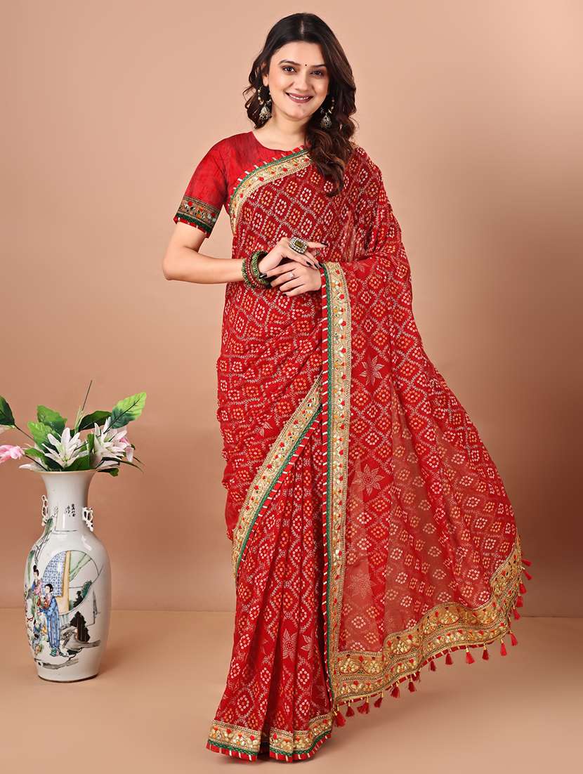 women bandhani printed saree with blouse