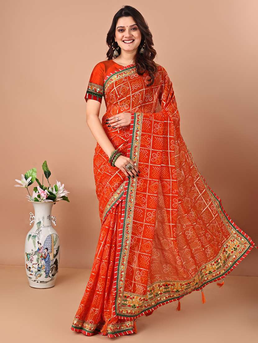 women bandhani printed saree with blouse