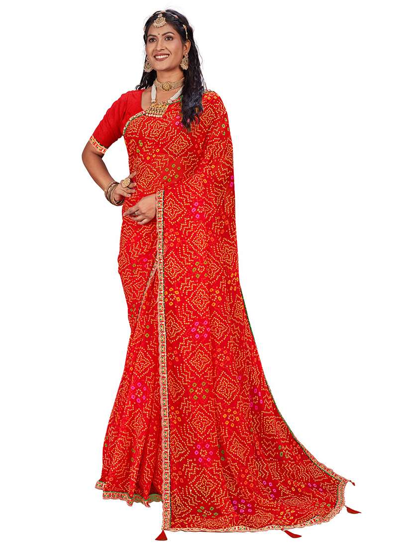 women bandhani printed saree with blouse