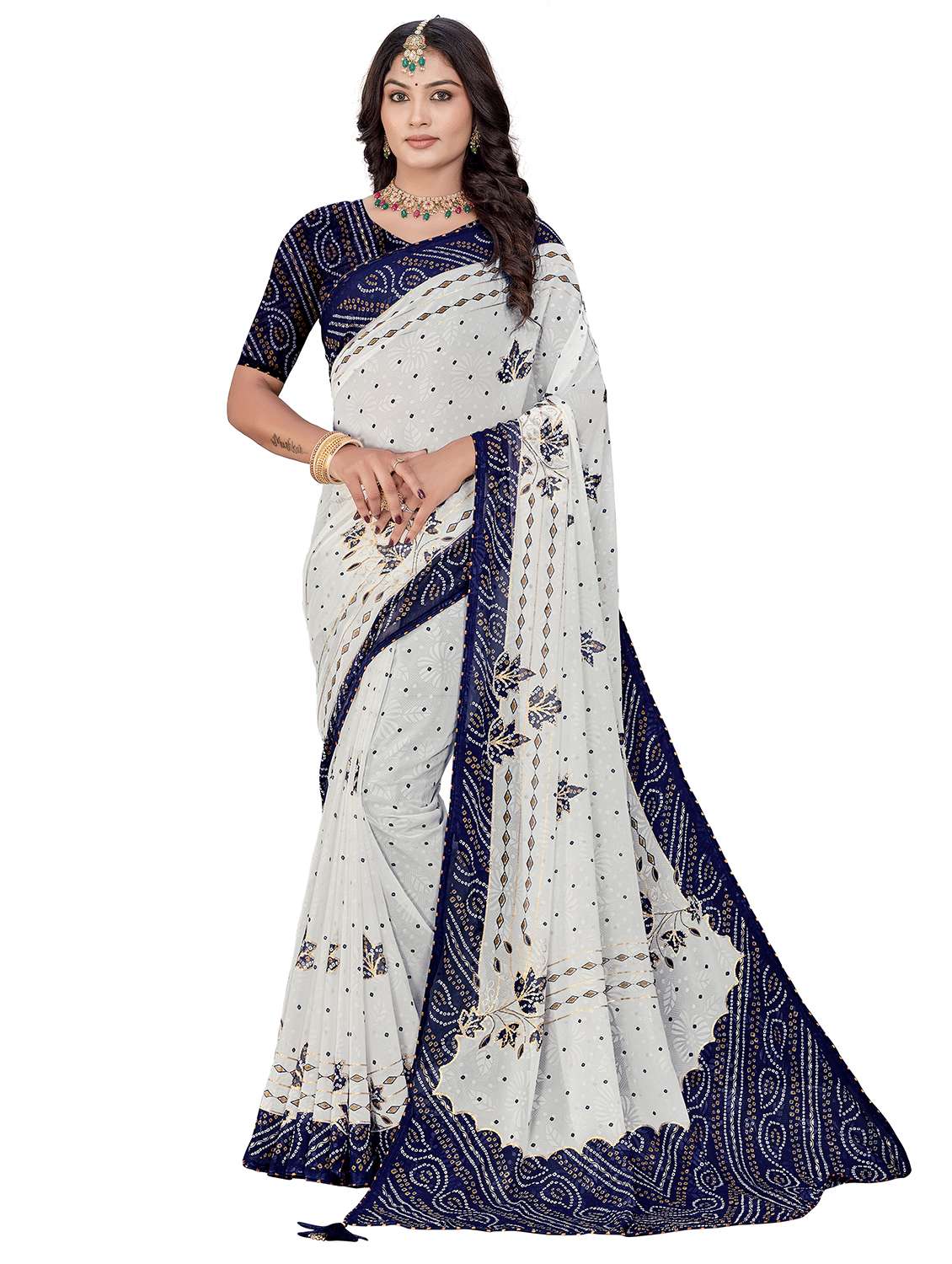 women bandhani printed saree with blouse