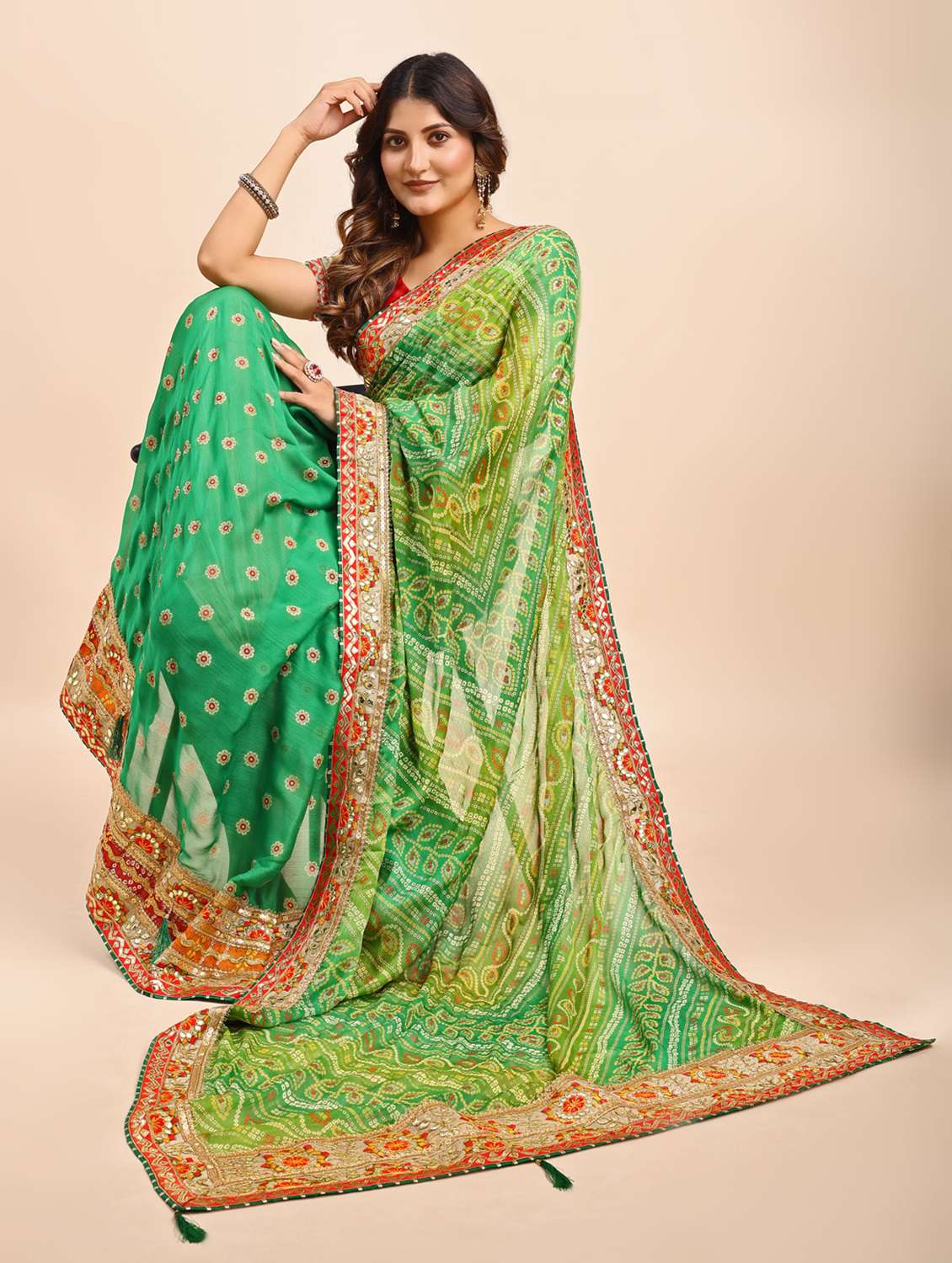 women bandhani printed half & half saree with blouse - 22606774 -  Standard Image - 3