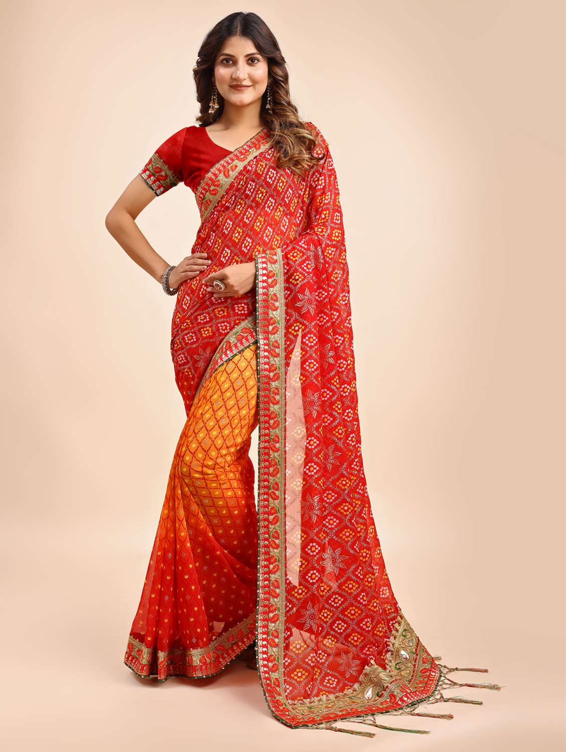 women bandhani printed half & half saree with blouse