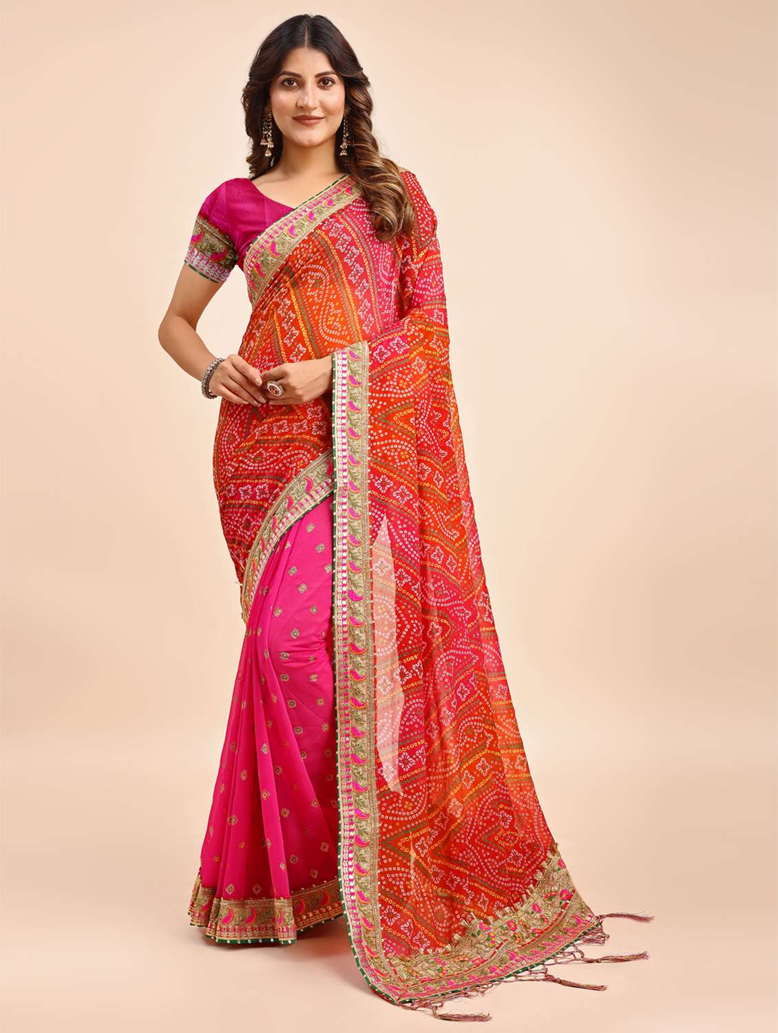 women bandhani printed half & half saree with blouse
