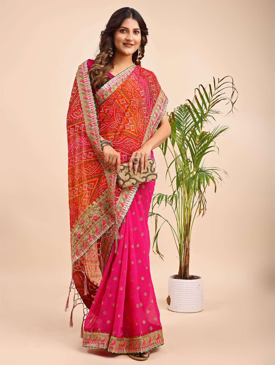 Women Bandhani Printed Half & Half Saree With Blouse - 22606778 -  Standard Image - 3