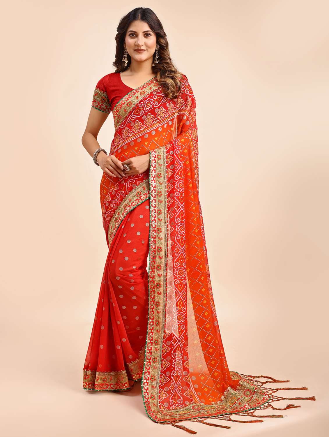 women bandhani printed half & half saree with blouse