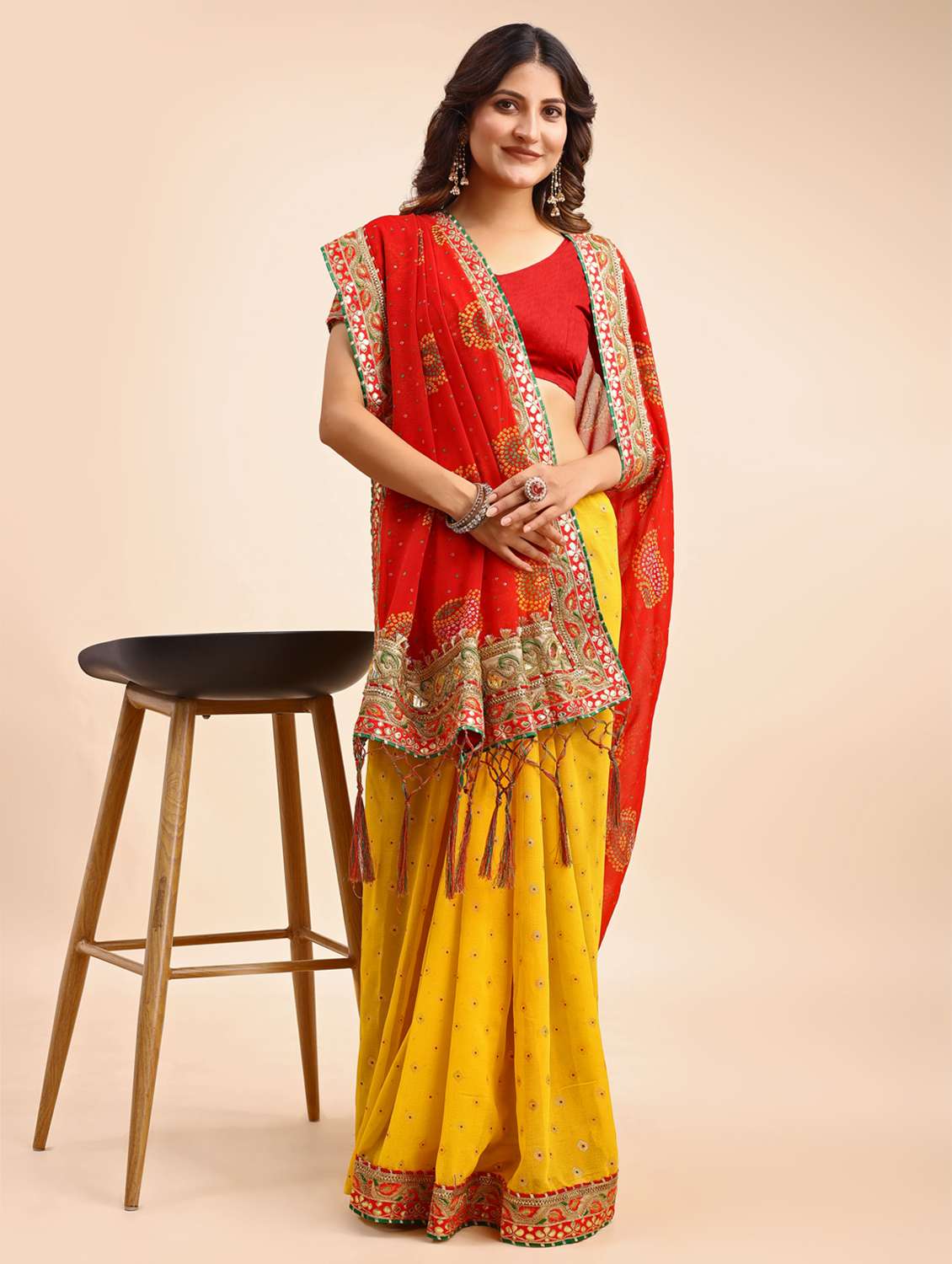 Women Bandhani Printed Half & Half Saree With Blouse - 22606780 -  Standard Image - 3
