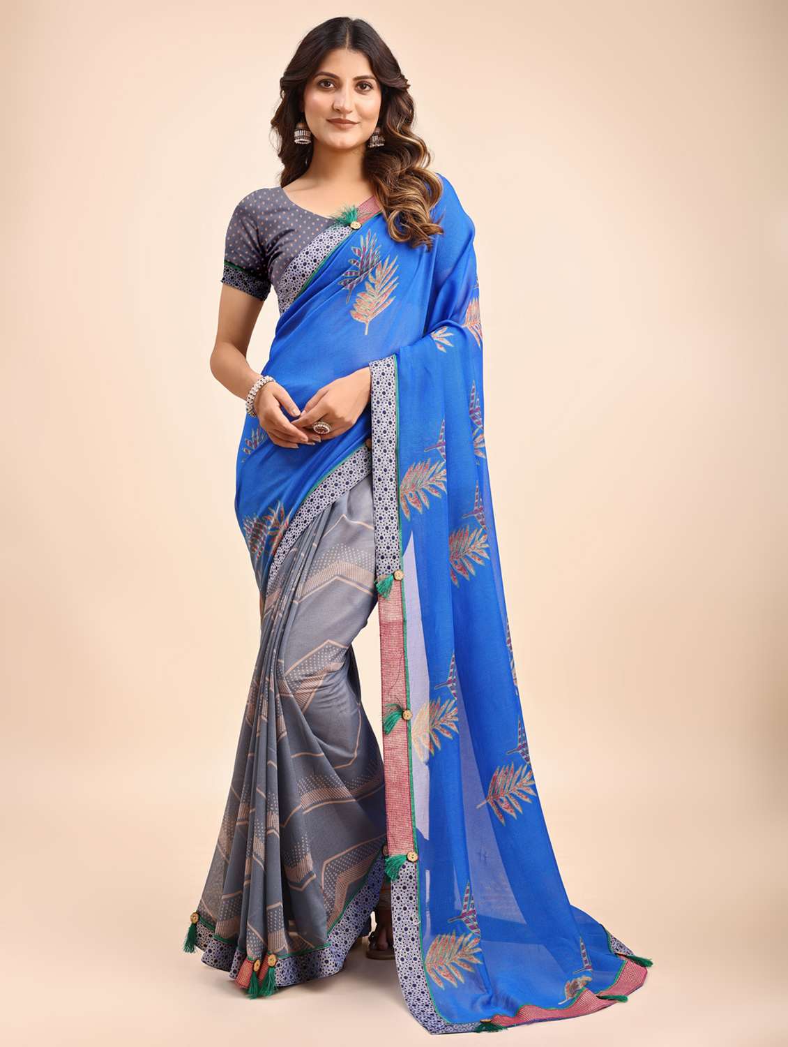 women printed half & half saree with blouse
