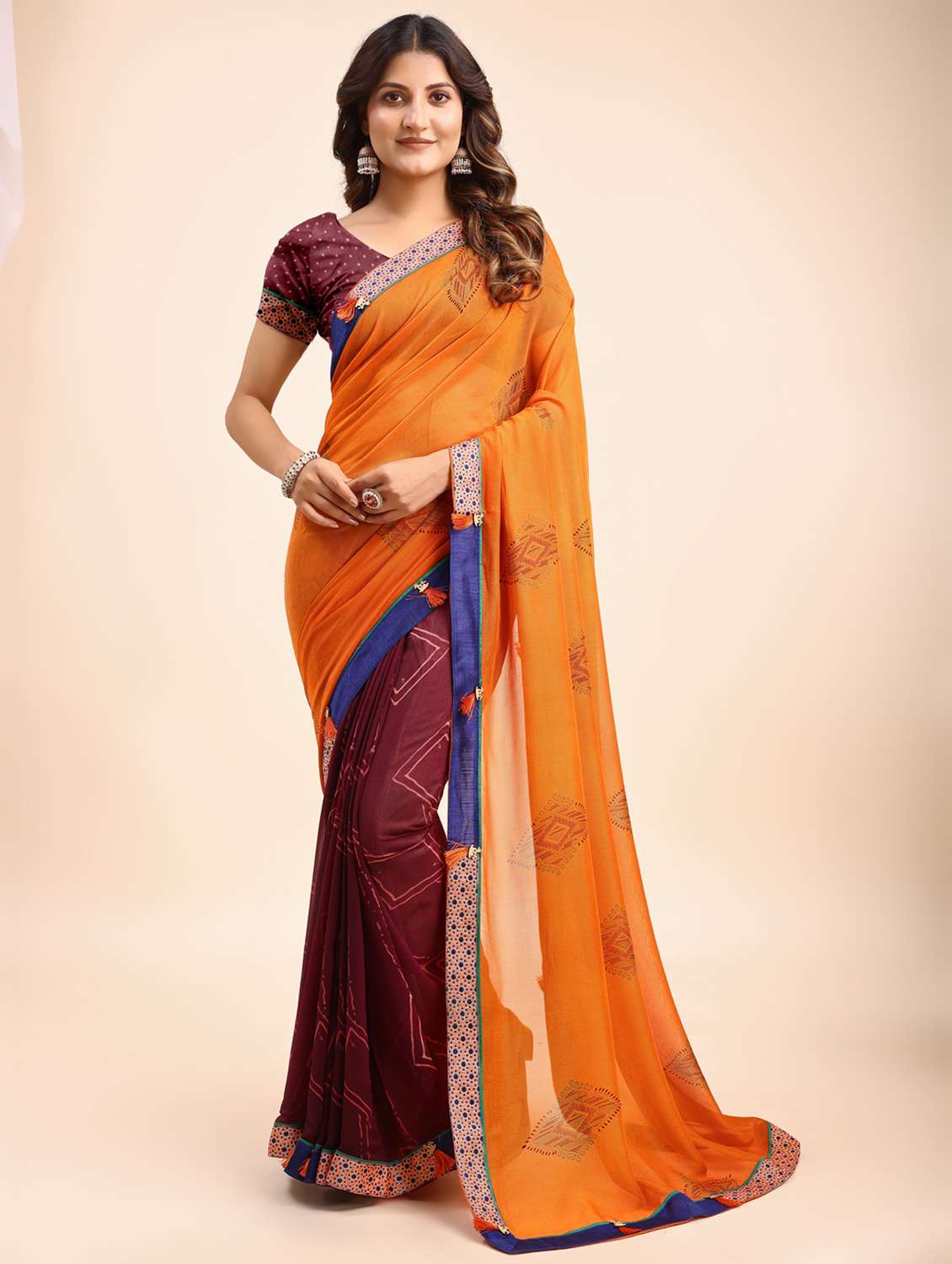 women printed half & half saree with blouse