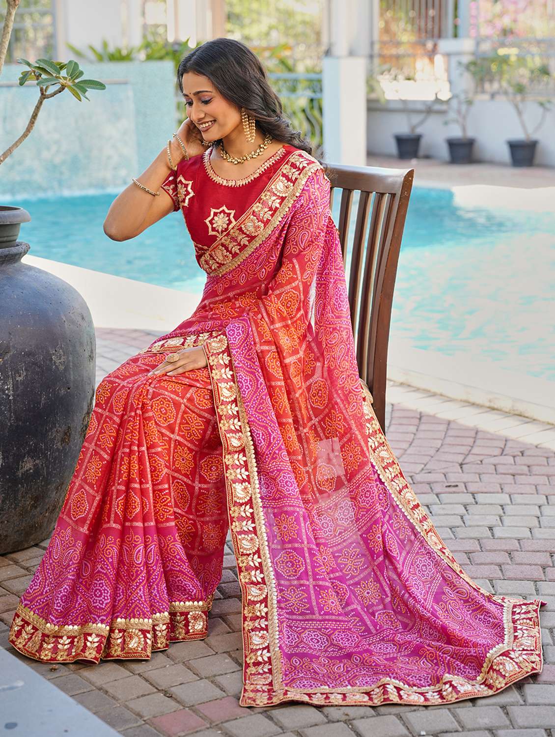 Women Bandhani Printed Saree With Blouse - 22606792 -  Standard Image - 3
