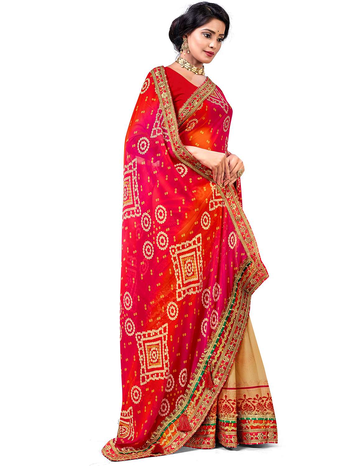 women bandhani printed half & half saree with blouse - 22606794 -  Standard Image - 3