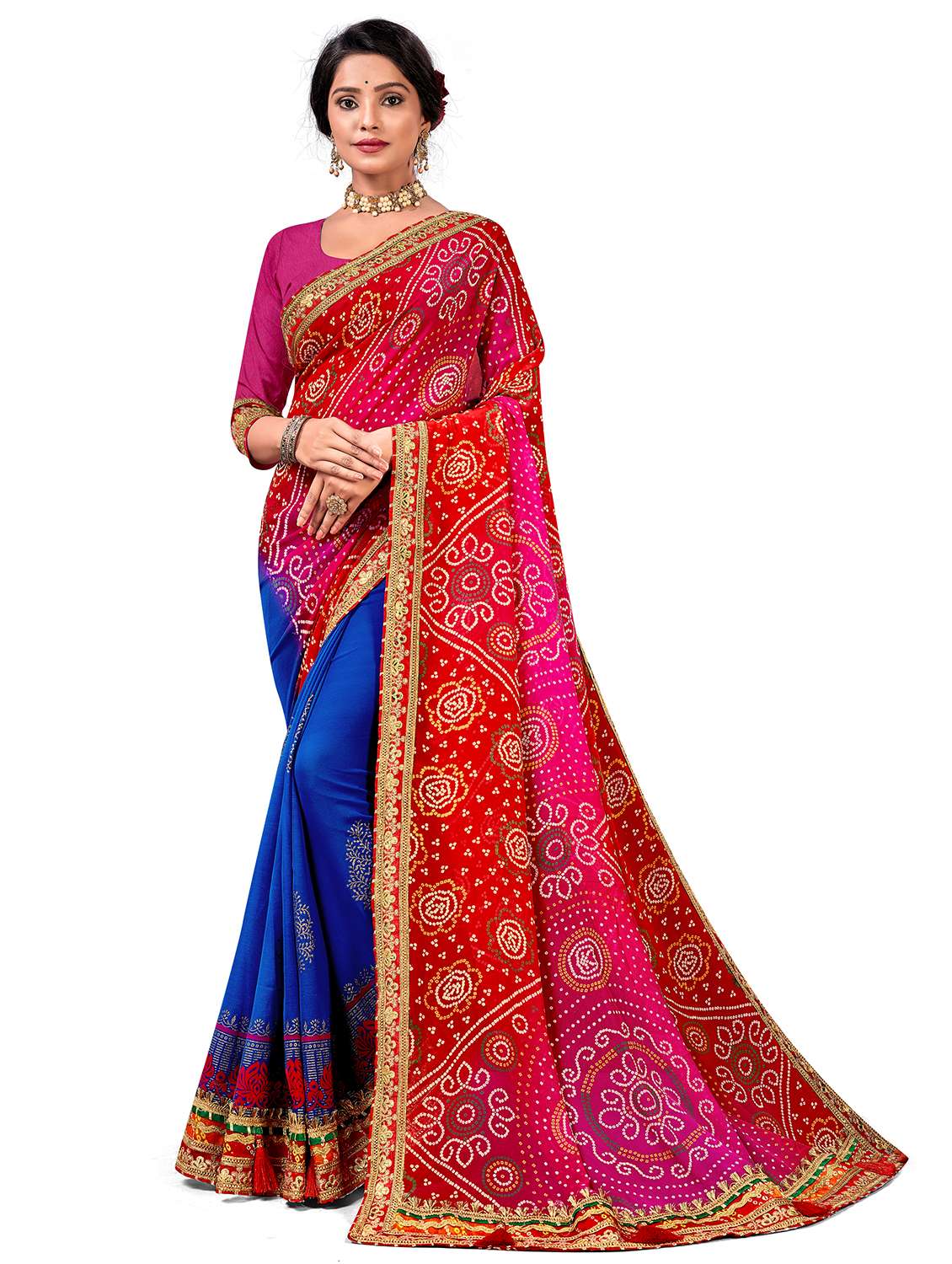 women bandhani printed half & half saree with blouse