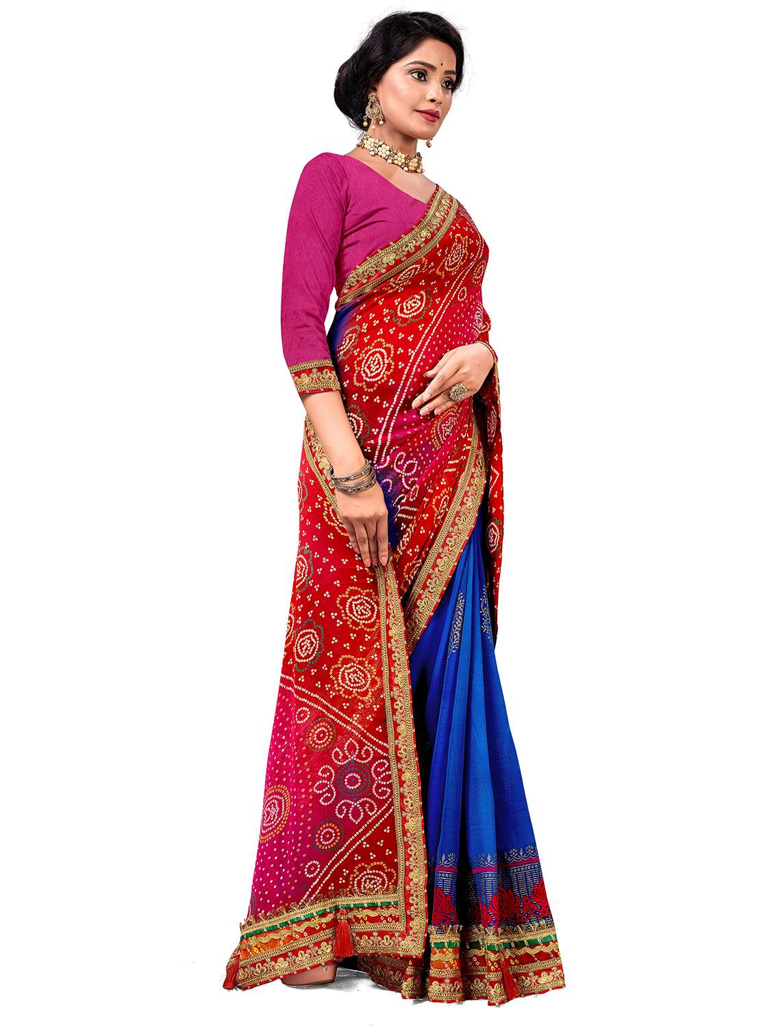 women bandhani printed half & half saree with blouse - 22606795 -  Standard Image - 3