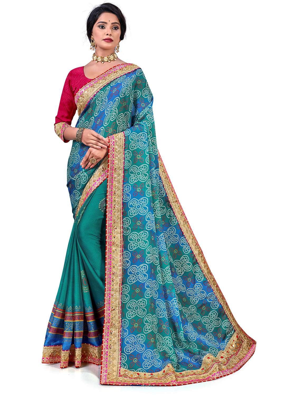 women bandhani printed half & half saree with blouse