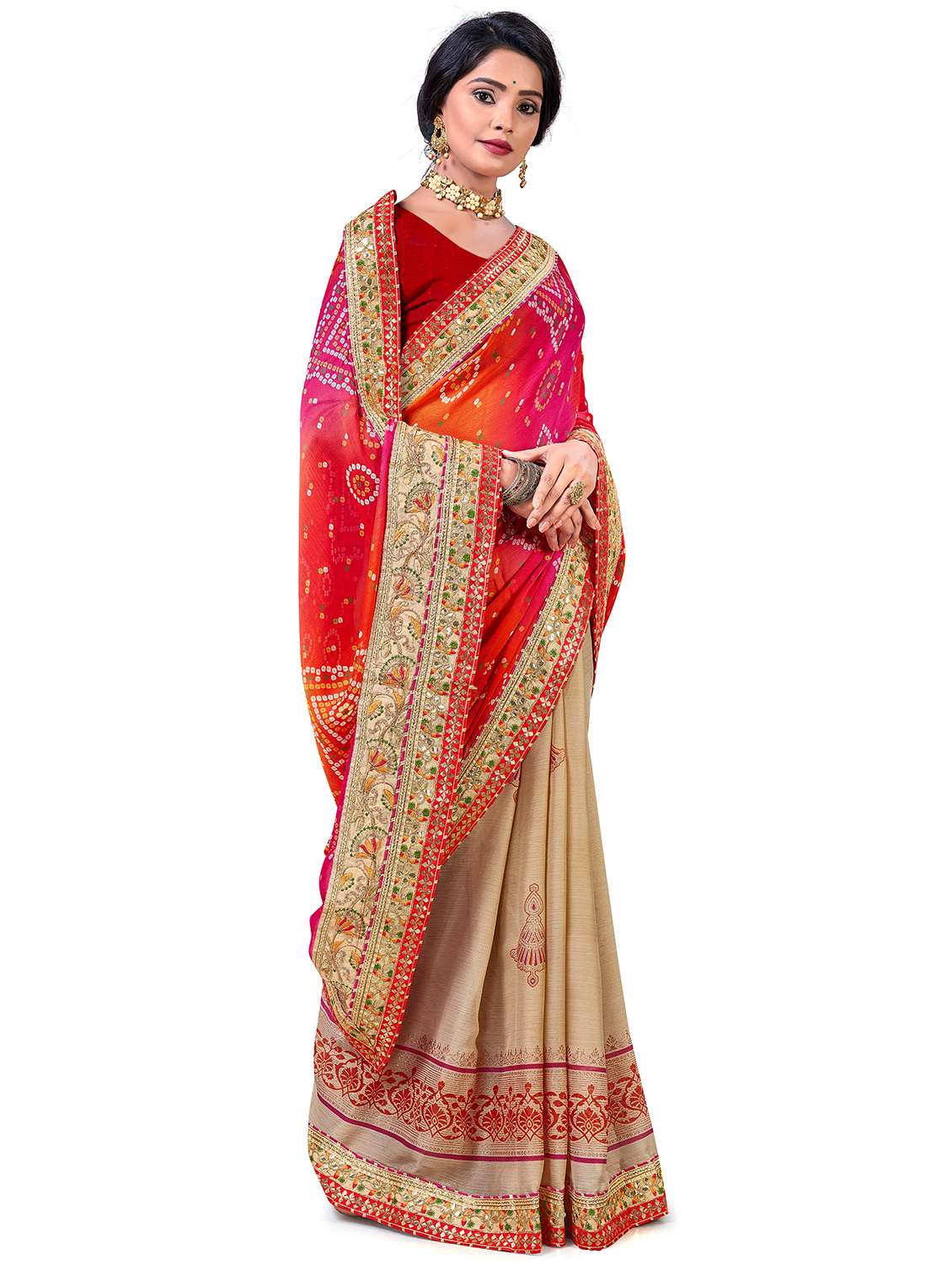 women bandhani printed half & half saree with blouse - 22606803 -  Standard Image - 3