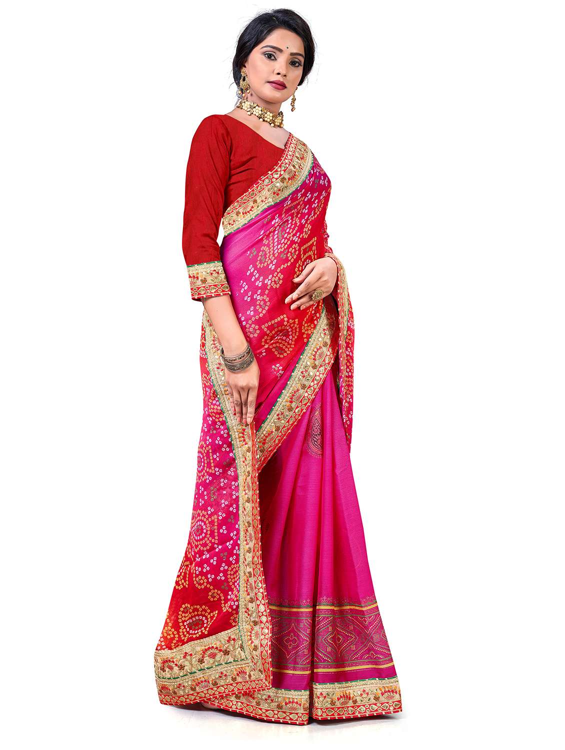 Women Bandhani Printed Half & Half Saree With Blouse - 22606808 -  Standard Image - 3