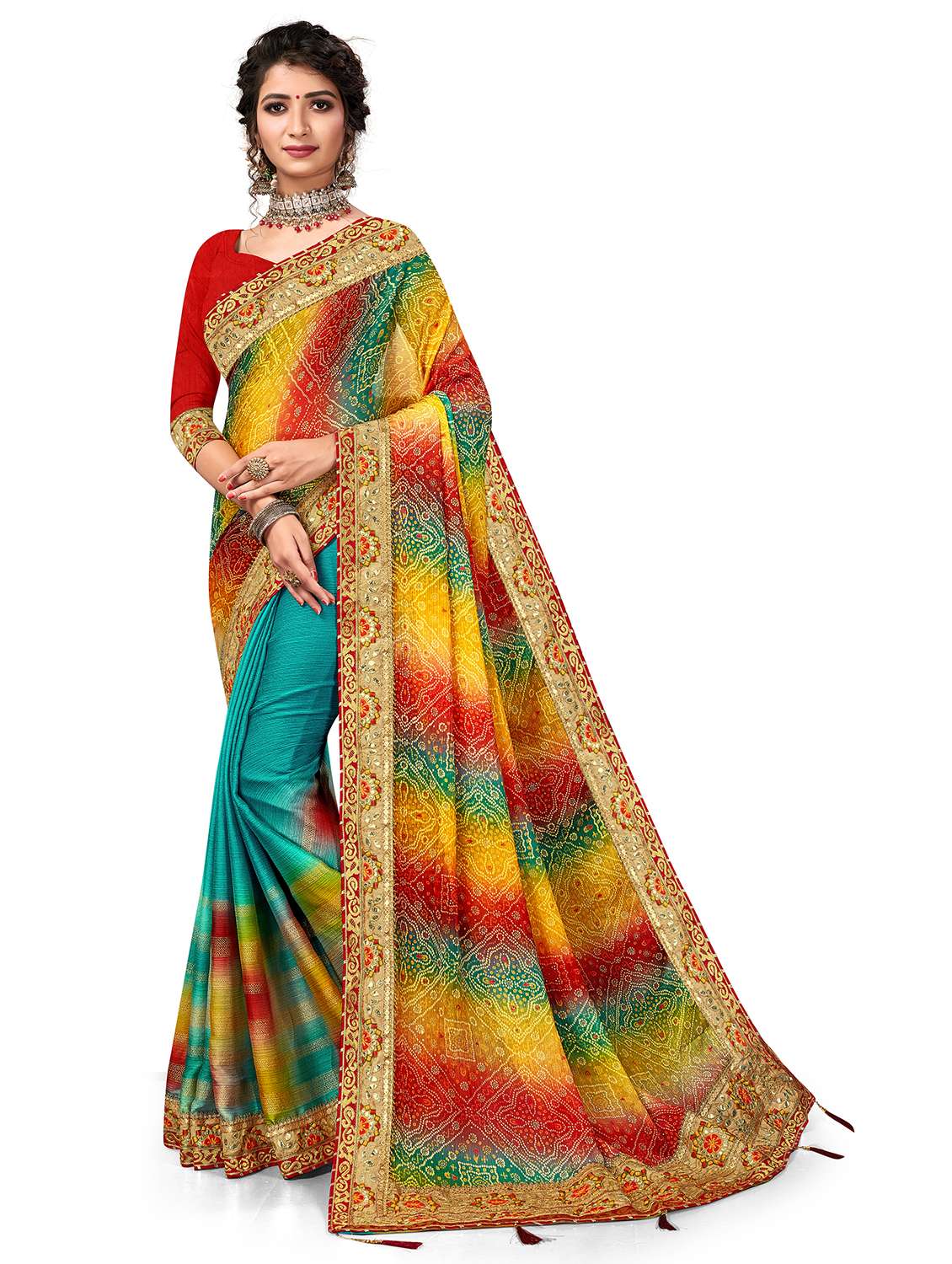 women printed half & half saree with blouse
